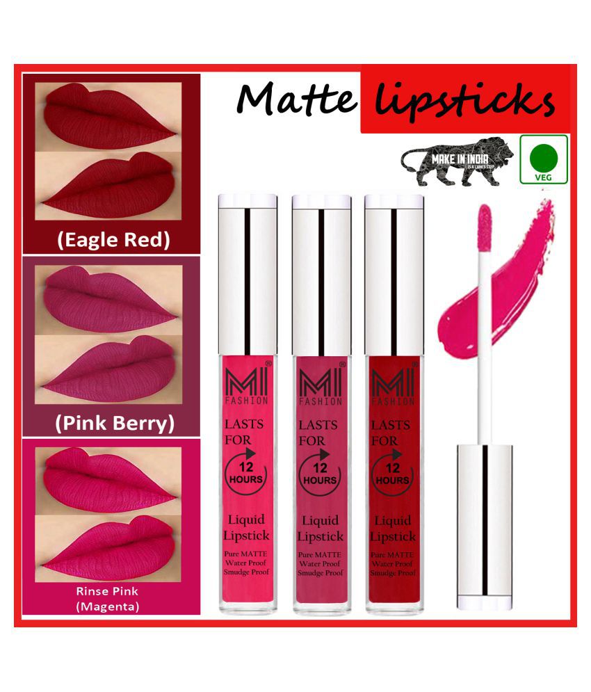     			MI FASHION Long Lasting Matte Veg Lips Liquid Lipstick Pink,Red Hot Pink Pack of 3 9 mL