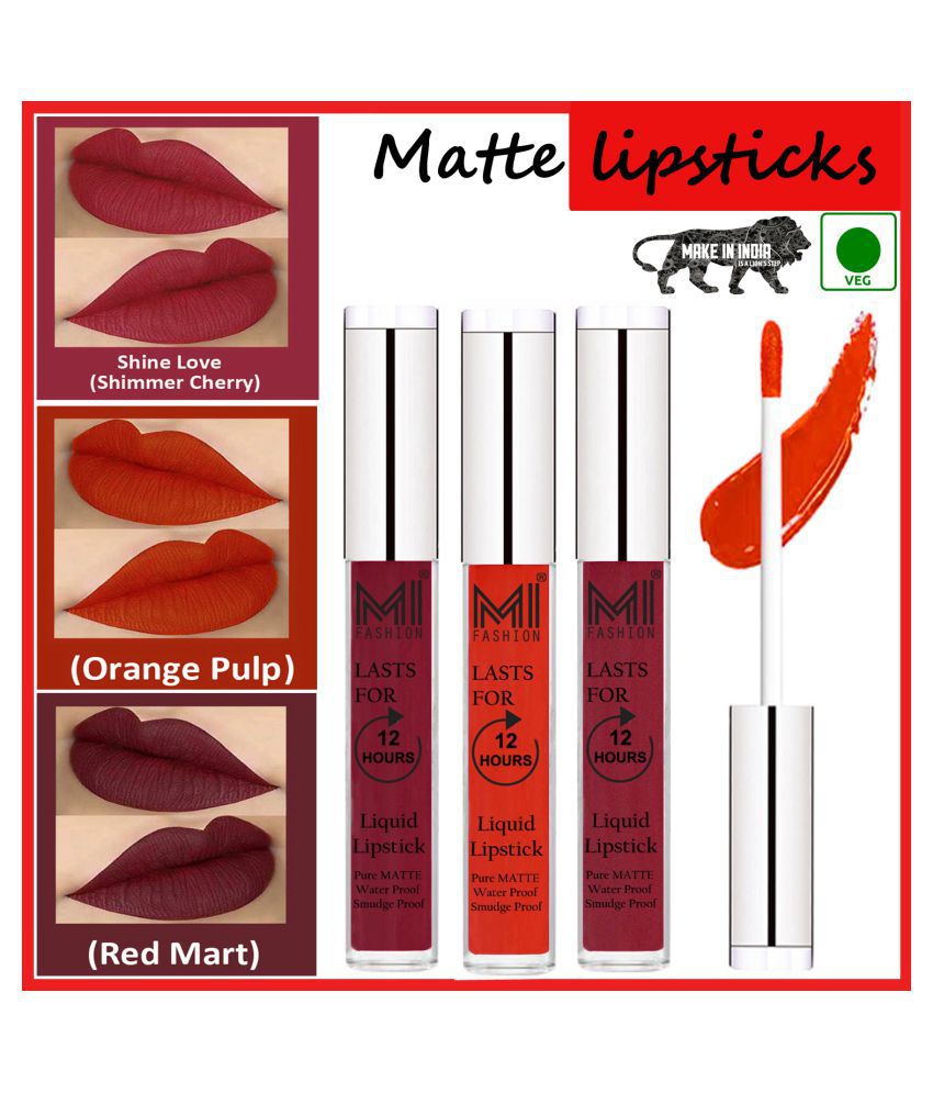     			MI FASHION Long Lasting Matte Veg Lips Liquid Lipstick Orange,Cherry Red Red Pack of 3 9 mL