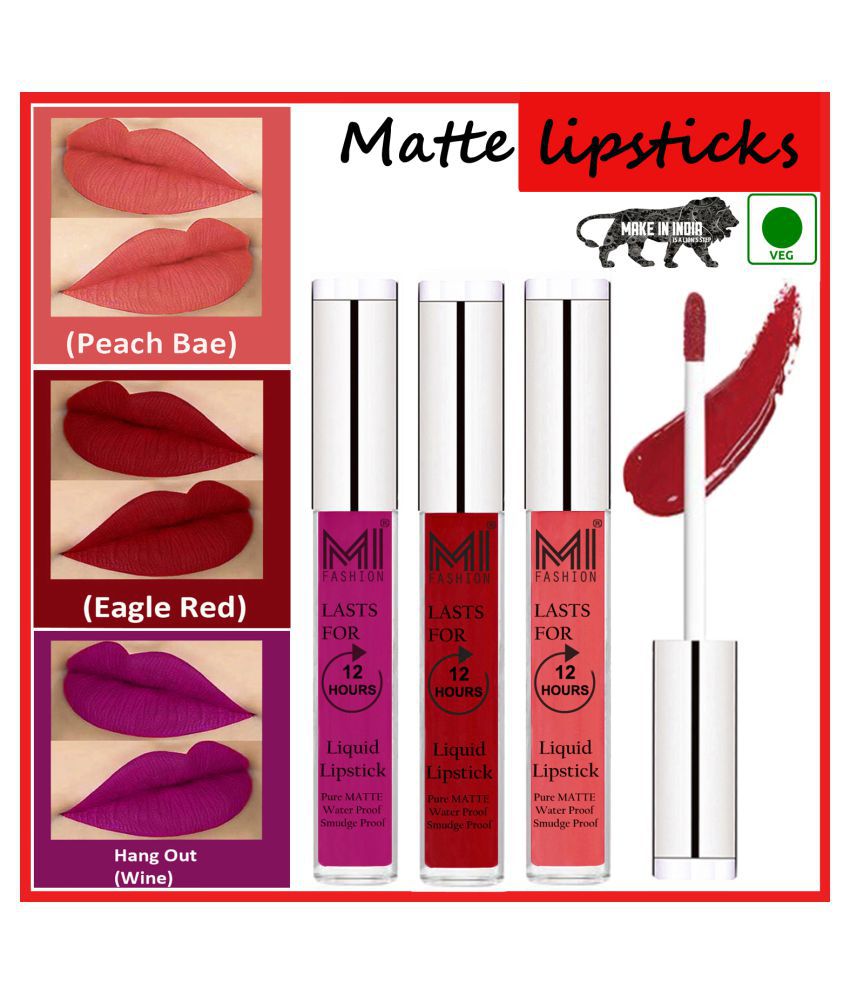     			MI FASHION Long Stay Kiss Proof Matte Lip Liquid Lipstick Red,Peach Wine Pack of 3 9 mL