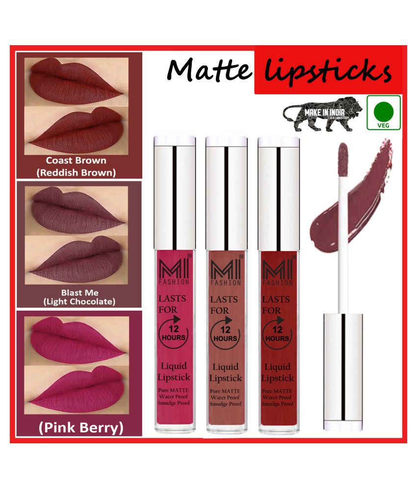     			MI FASHION Long Stay Kiss Proof Matte Lip Liquid Lipstick Chocolate,Red Brown Ruby Pink Pack of 3 9 mL