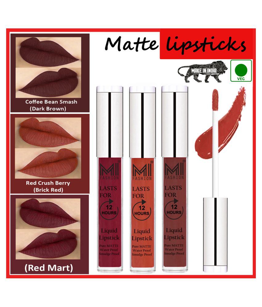    			MI FASHION Long Stay Kiss Proof Matte Lip Liquid Lipstick Brick Red,Coffee Red Pack of 3 9 mL