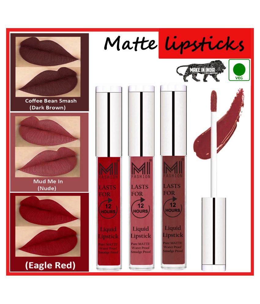     			MI FASHION Long Stay Kiss Proof Matte Lip Liquid Lipstick Nude,Coffee Red Pack of 3 9 mL