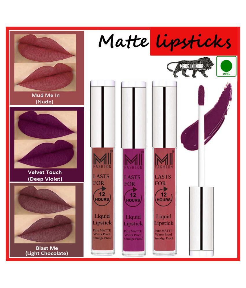     			MI FASHION Long Stay Kiss Proof Matte Lip Liquid Lipstick Violet,Nude Chocolate Pack of 3 9 mL