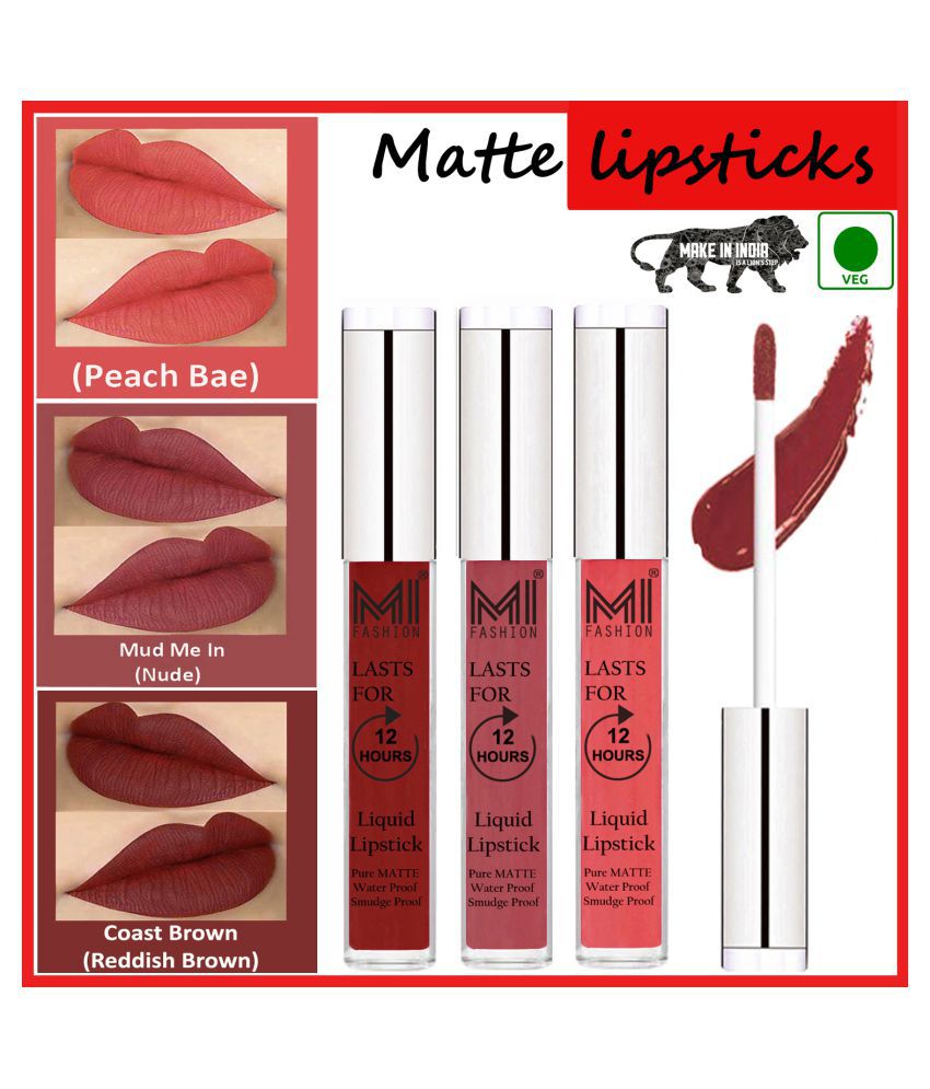    			MI FASHION Long Stay Kiss Proof Matte Lip Liquid Lipstick Nude,Peach Multi Pack of 3 9 mL
