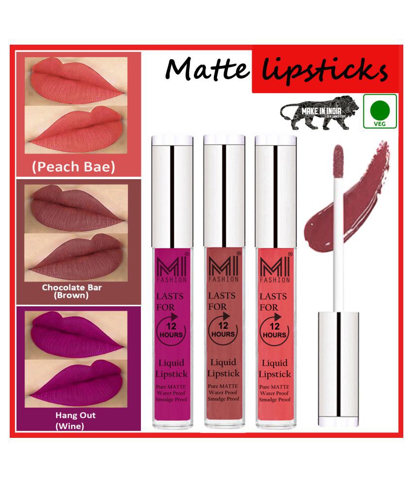     			MI FASHION Long Stay Kiss Proof Matte Lip Liquid Lipstick Brown,Peach Wine Pack of 3 9 mL