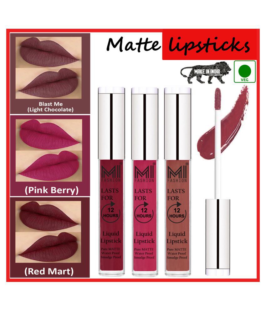     			MI FASHION Long Stay Kiss Proof Matte Lip Liquid Lipstick Pink,Chocolate Red Pack of 3 9 mL