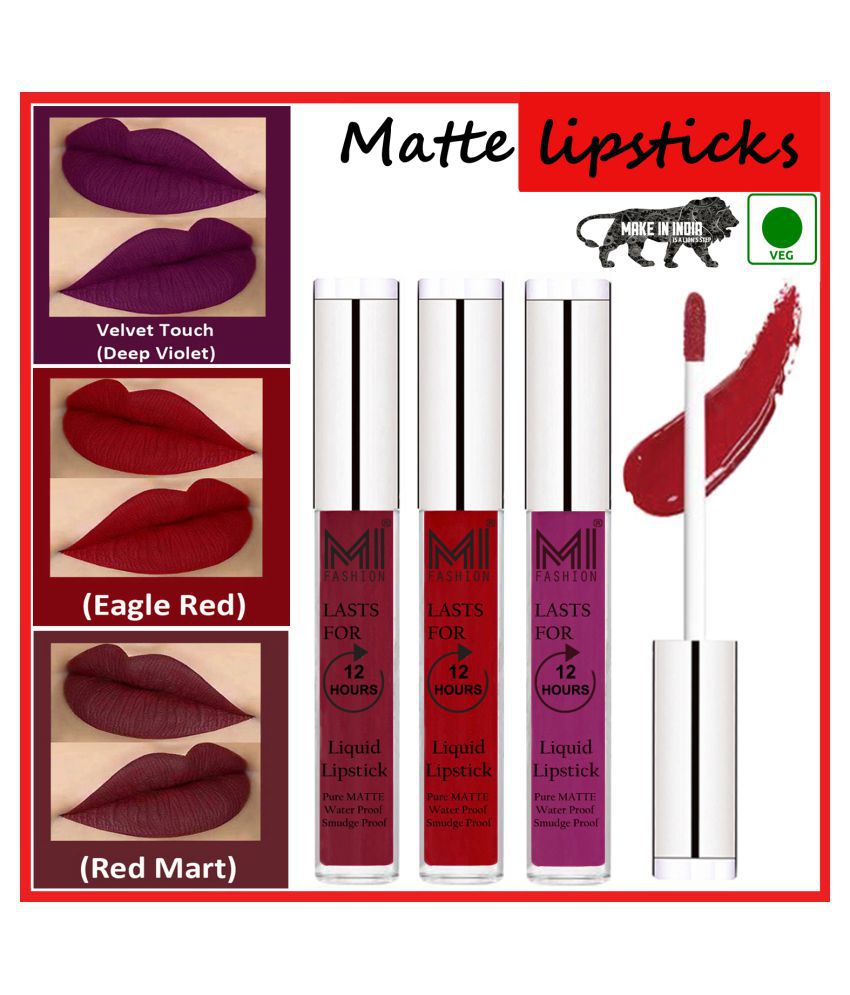     			MI FASHION Long Stay Kiss Proof Matte Lip Liquid Lipstick Red,Violet Red Pack of 3 9 mL