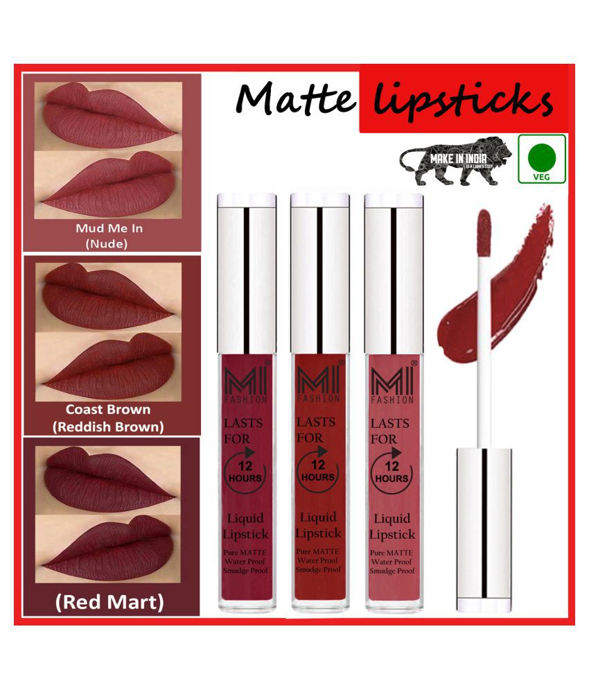     			MI FASHION Matte Lip Waterproof Long Stay Liquid Lipstick Reddish Brown,Nude Red Pack of 3 9 mL