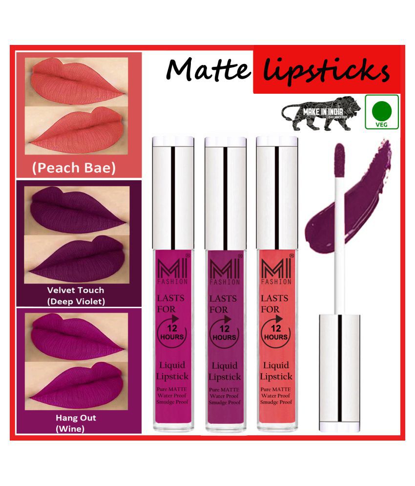     			MI FASHION Matte Lip Waterproof Long Stay Liquid Lipstick Violet,Peach Wine Pack of 3 9 mL