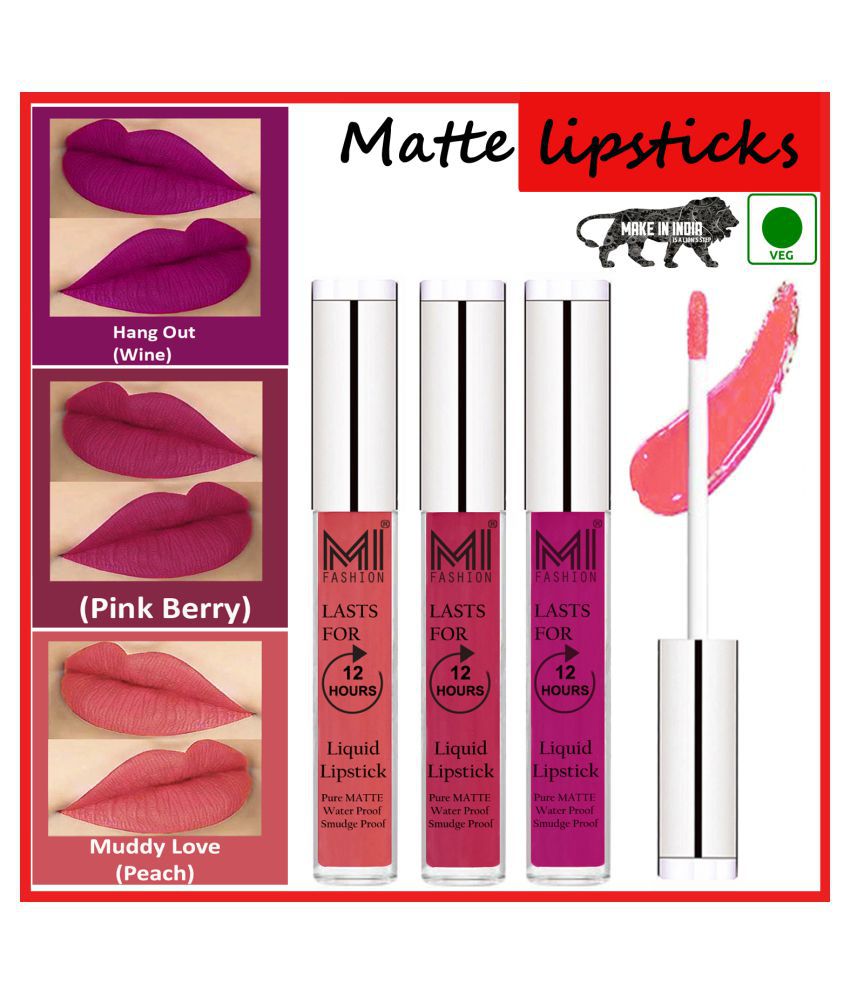    			MI FASHION Matte Lips Intens Color Payoff Liquid Lipstick Peach,Wine Pink Pack of 3 9 mL