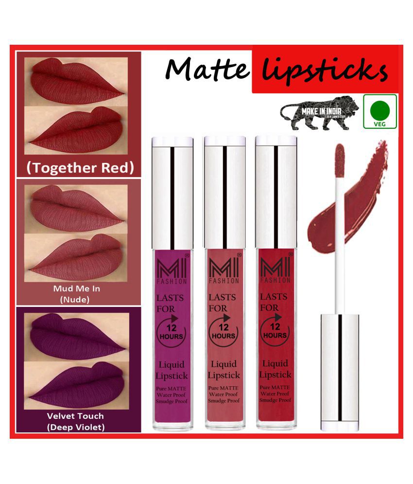     			MI FASHION Matte Lips Intens Color Payoff Liquid Lipstick Nude,Red Purple Pack of 3 9 mL