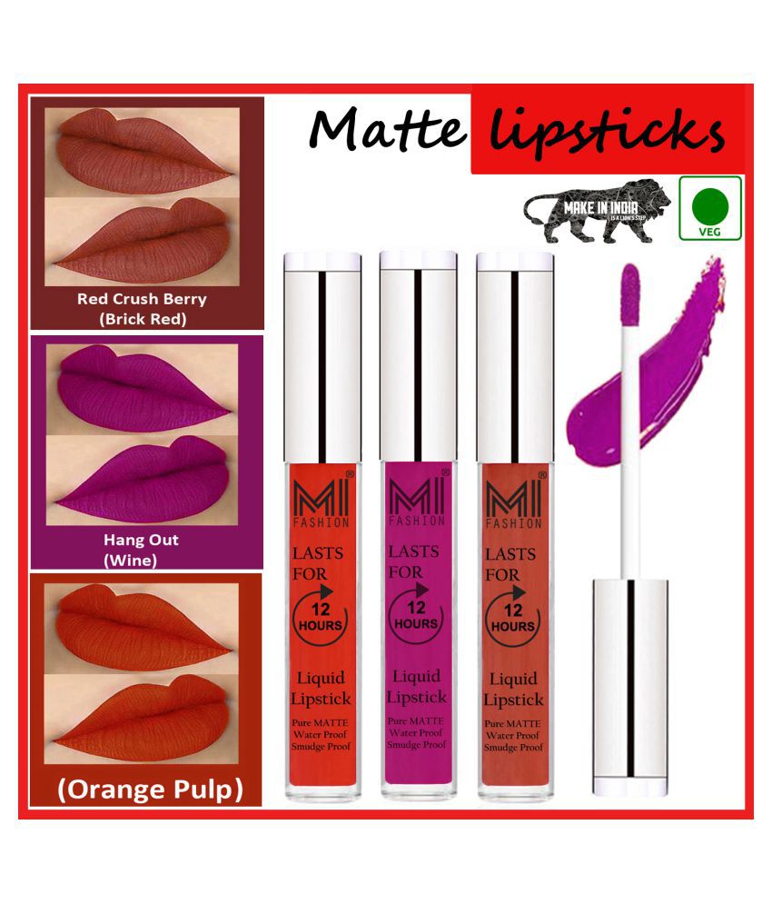     			MI FASHION Matte Lips Kiss Proof Vegan Liquid Lipstick Wine,Brick Red Orange Pack of 3 9 mL