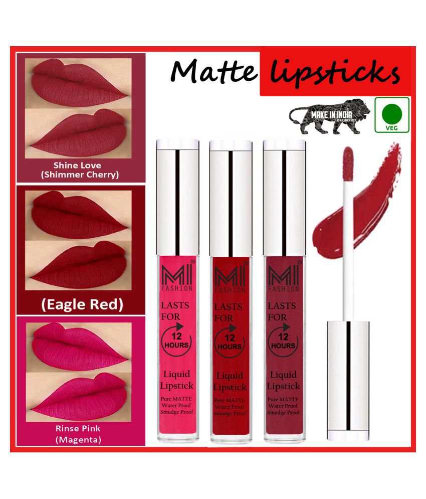     			MI FASHION Matte Lips Kiss Proof Vegan Liquid Lipstick Red,Cherry Red Pink Pack of 3 9 mL