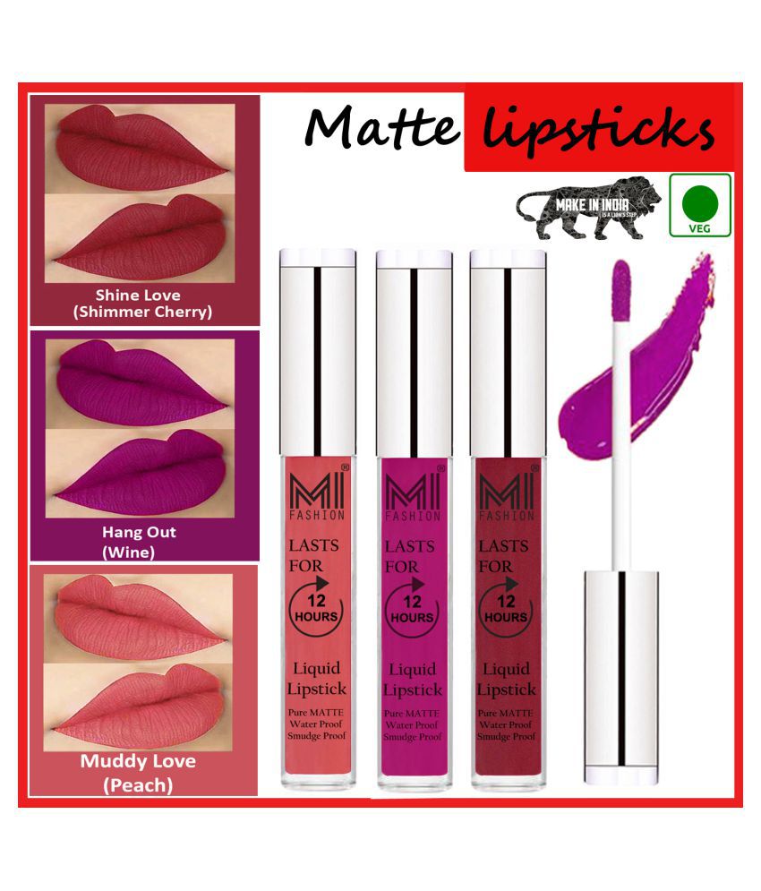    			MI FASHION Matte Lips Kiss Proof Vegan Liquid Lipstick Wine,Cherry Red Peach Pack of 3 9 mL