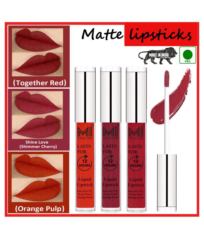     			MI FASHION Matte Lips Kiss Proof Vegan Liquid Lipstick Cherry Red,Red Orange Pack of 3 9 mL