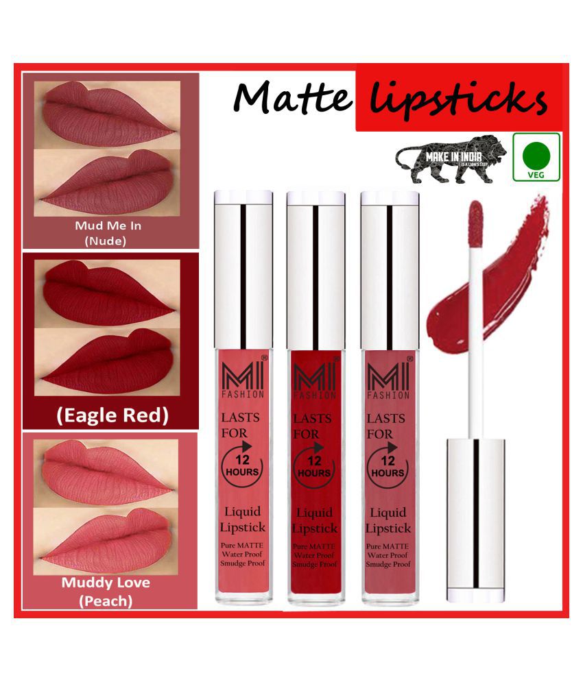     			MI FASHION Matte Lips Kiss Proof Vegan Liquid Lipstick Red,Nude Peach Pack of 3 9 mL