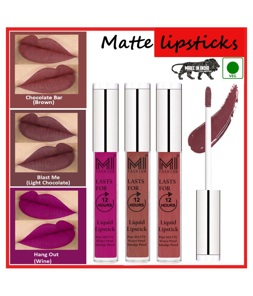     			MI FASHION Matte Lips Kiss Proof Vegan Liquid Lipstick Chocolate,Brown Wine Pack of 3 9 mL