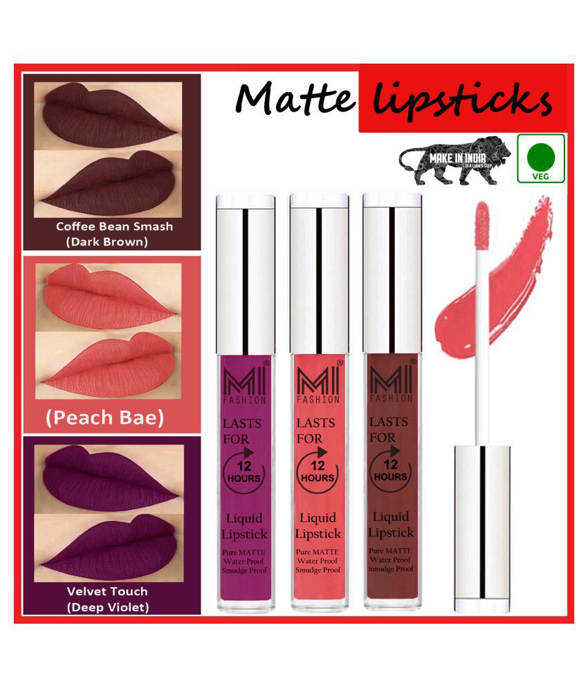     			MI FASHION Matte Lips Kiss Proof Vegan Liquid Lipstick Peach,Coffee Purple Pack of 3 9 mL