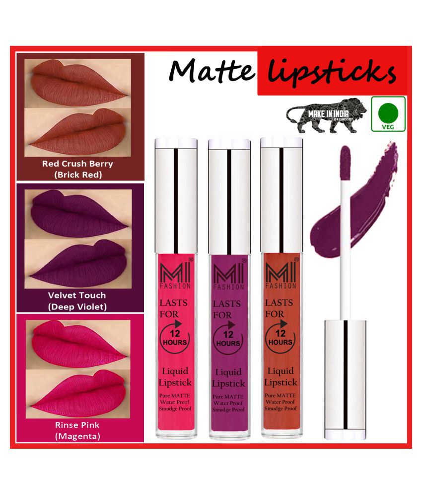    			MI FASHION Matte Lips Kiss Proof Vegan Liquid Lipstick Violet,Brick Red Hot Pink Pack of 3 9 mL