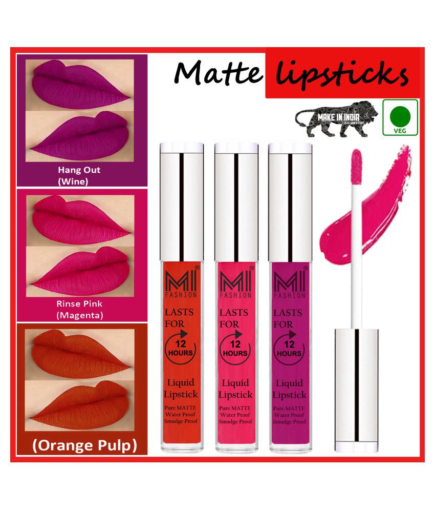     			MI FASHION Matte Lips Long Lasting Vegan Liquid Lipstick Pink,Wine Orange Pack of 3 9 mL