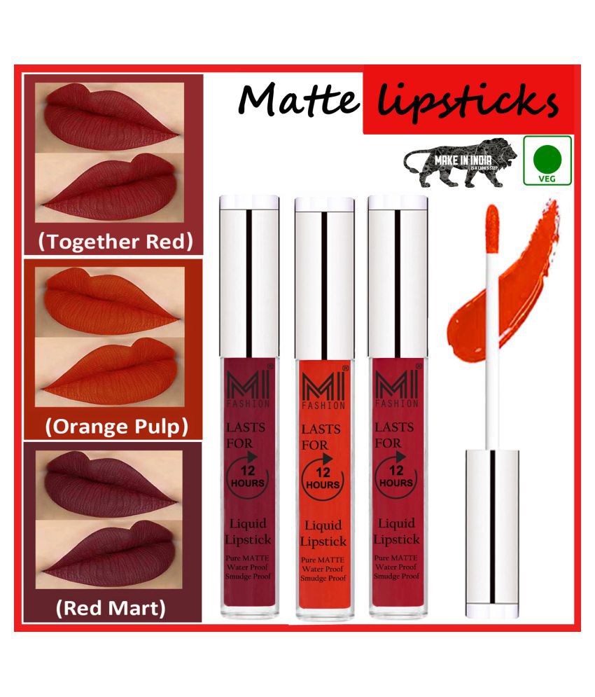     			MI FASHION Smudge Proof Matte Lips Liquid Lipstick Orange,Red Red Pack of 3 9 mL