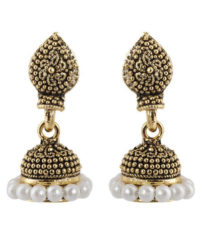     			Silver Shine Lovely White Beads with Golden Dots  Jhumki Earrings.
