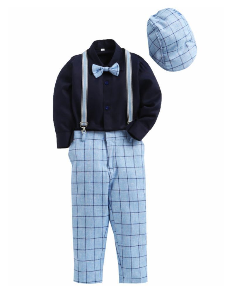 Jeetethnics Blue Silk Boys Suspender Suit Set
