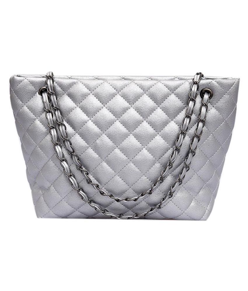 Women Chain Shoulder Bag PU Handbag Plaid Print Sling Satchel Bags handbag Silver 