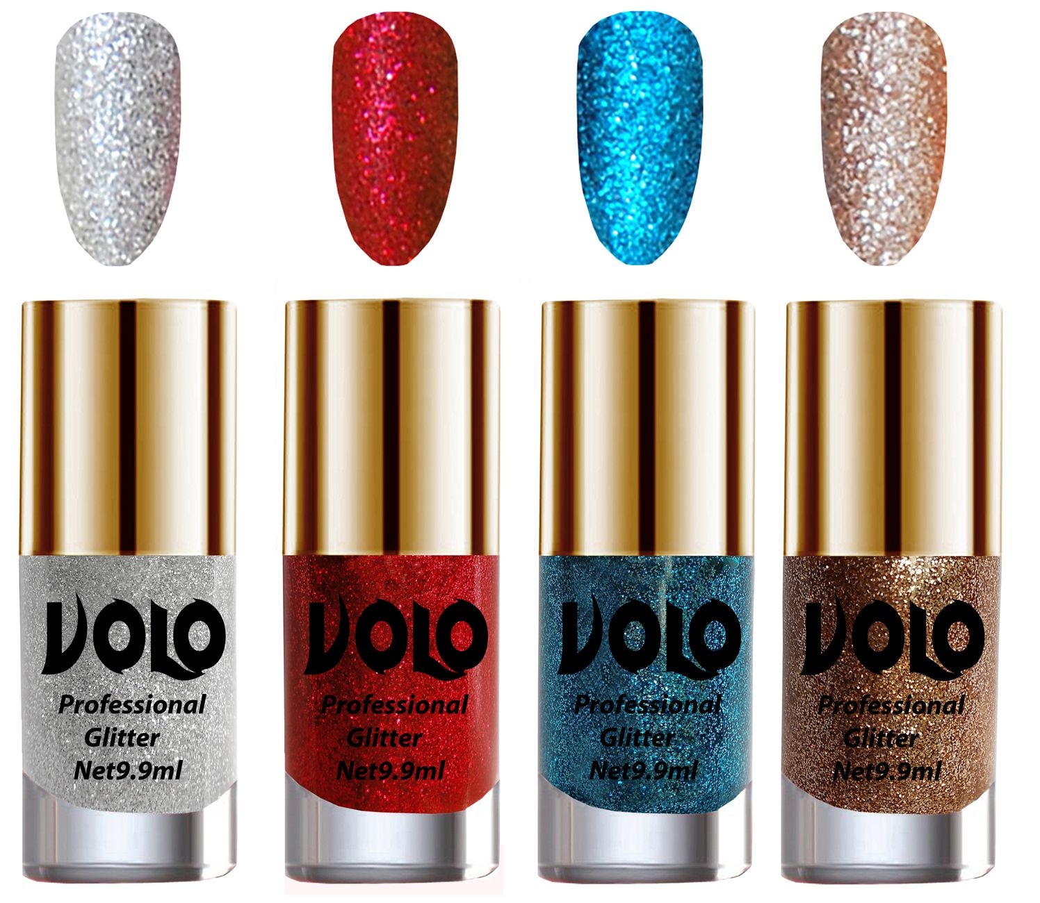     			VOLO Professionally Used Glitter Shine Nail Polish Silver,Red,Blue Gold Pack of 4 39 mL