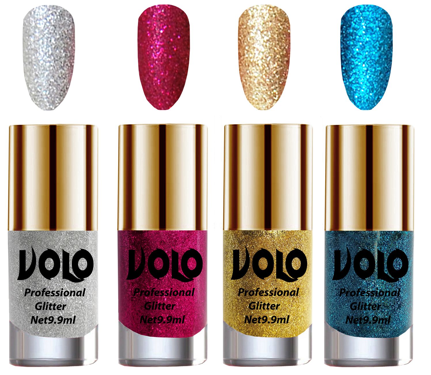     			VOLO Professionally Used Glitter Shine Nail Polish Silver,Magenta,Gold Blue Pack of 4 39 mL