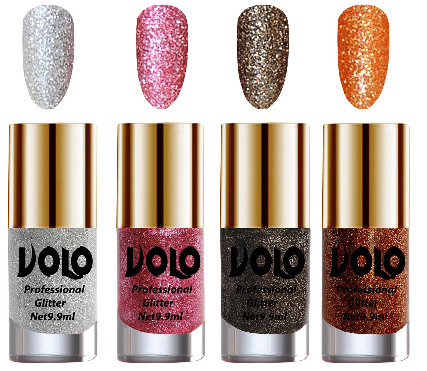     			VOLO Professionally Used Glitter Shine Nail Polish Silver,Pink,Grey Orange Pack of 4 39 mL