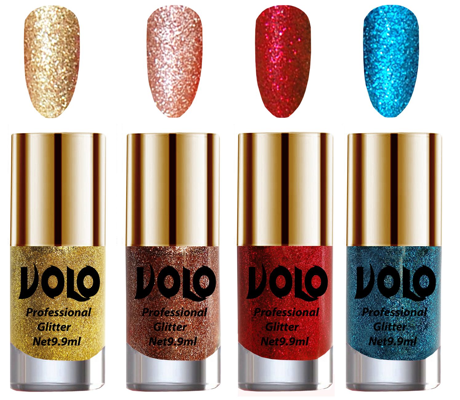     			VOLO Professionally Used Glitter Shine Nail Polish Gold,Peach,Red Blue Pack of 4 39 mL