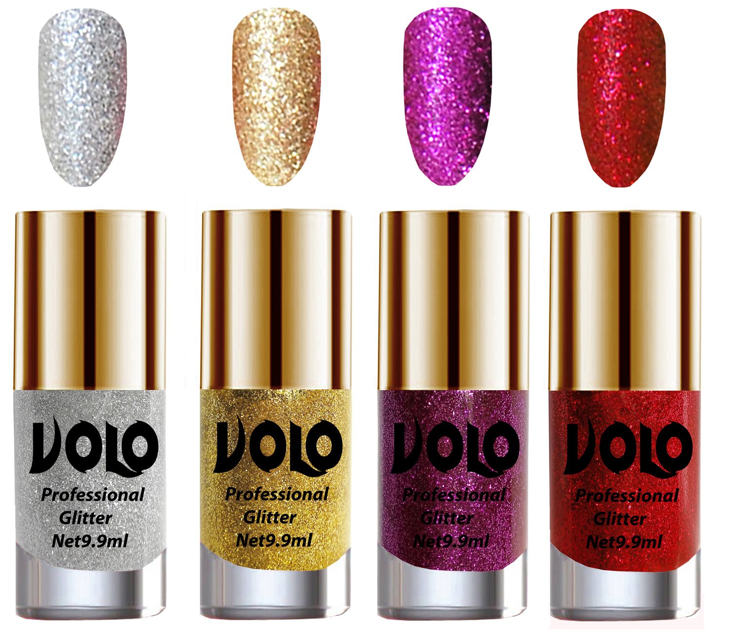     			VOLO Professionally Used Glitter Shine Nail Polish Silver,Gold,Purple Red Pack of 4 39 mL