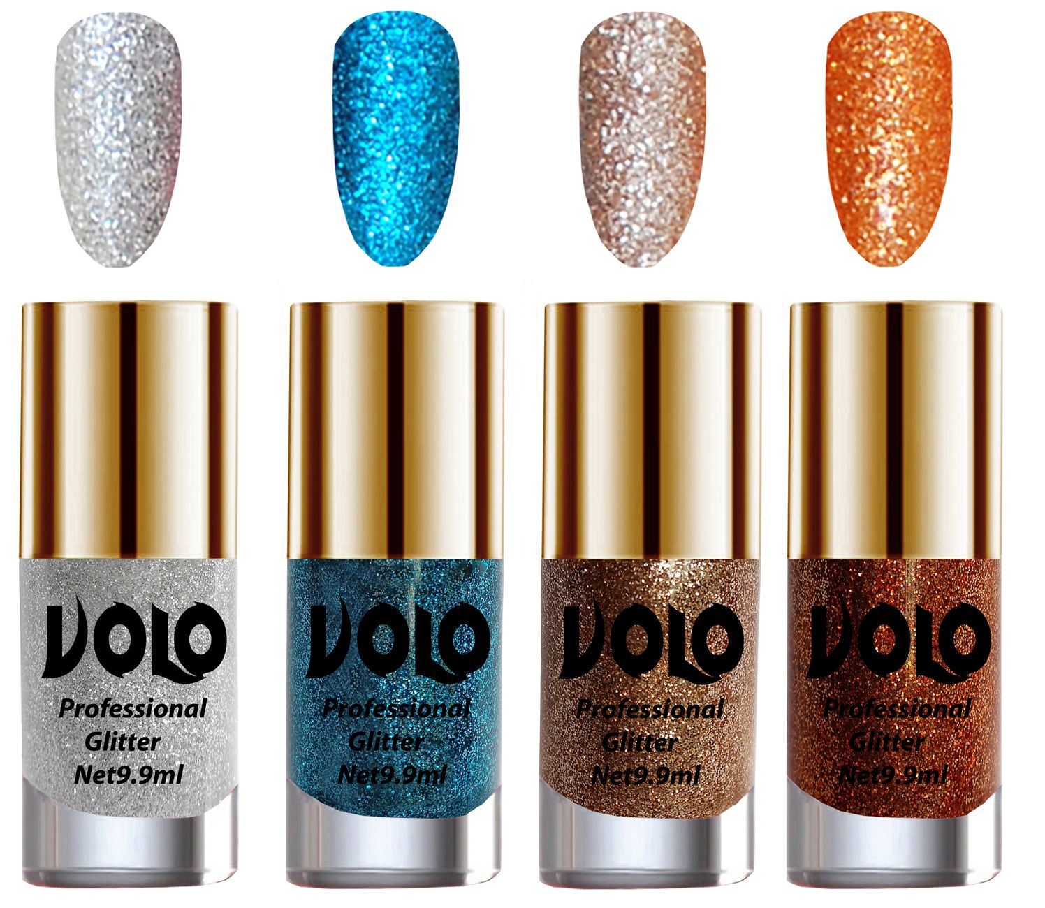     			VOLO Professionally Used Glitter Shine Nail Polish Silver,Blue,Gold Orange Pack of 4 39 mL