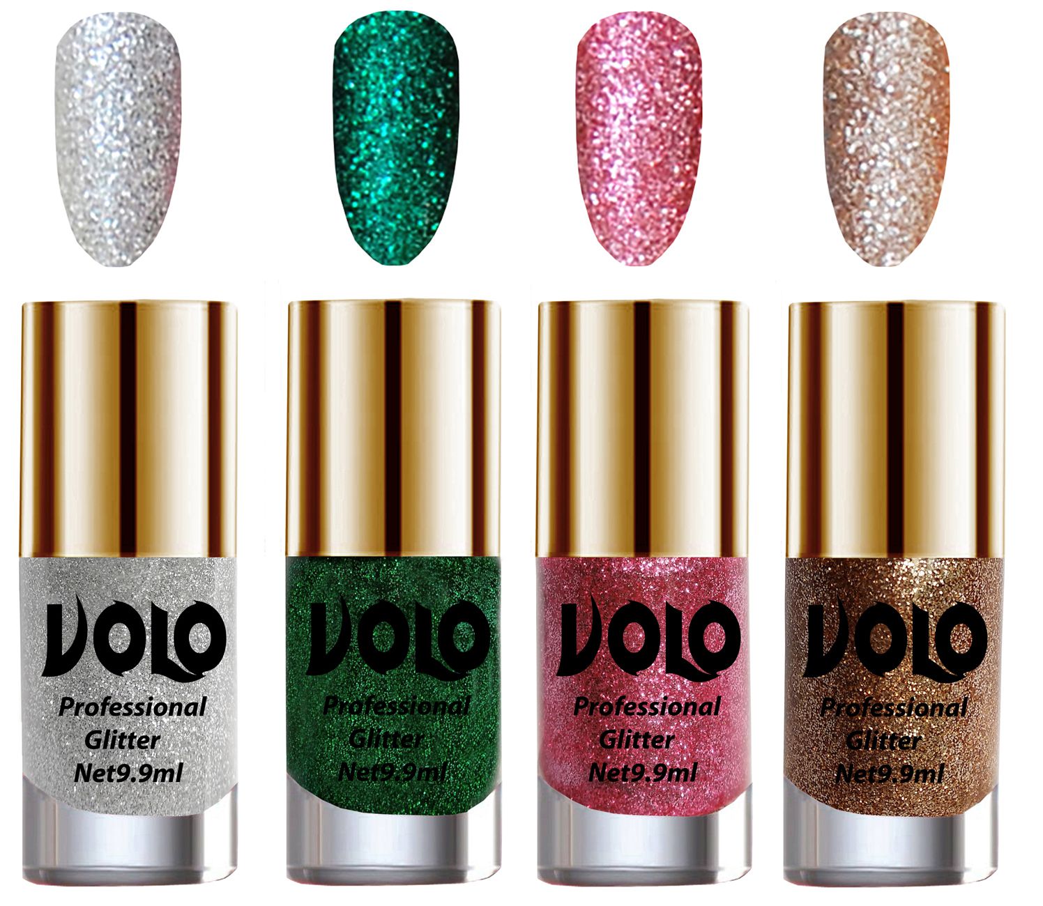    			VOLO Professionally Used Glitter Shine Nail Polish Silver,Green,Pink Gold Pack of 4 39 mL