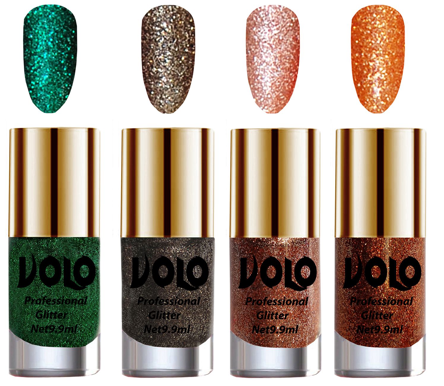     			VOLO Professionally Used Glitter Shine Nail Polish Green,Grey,Peach Orange Pack of 4 39 mL