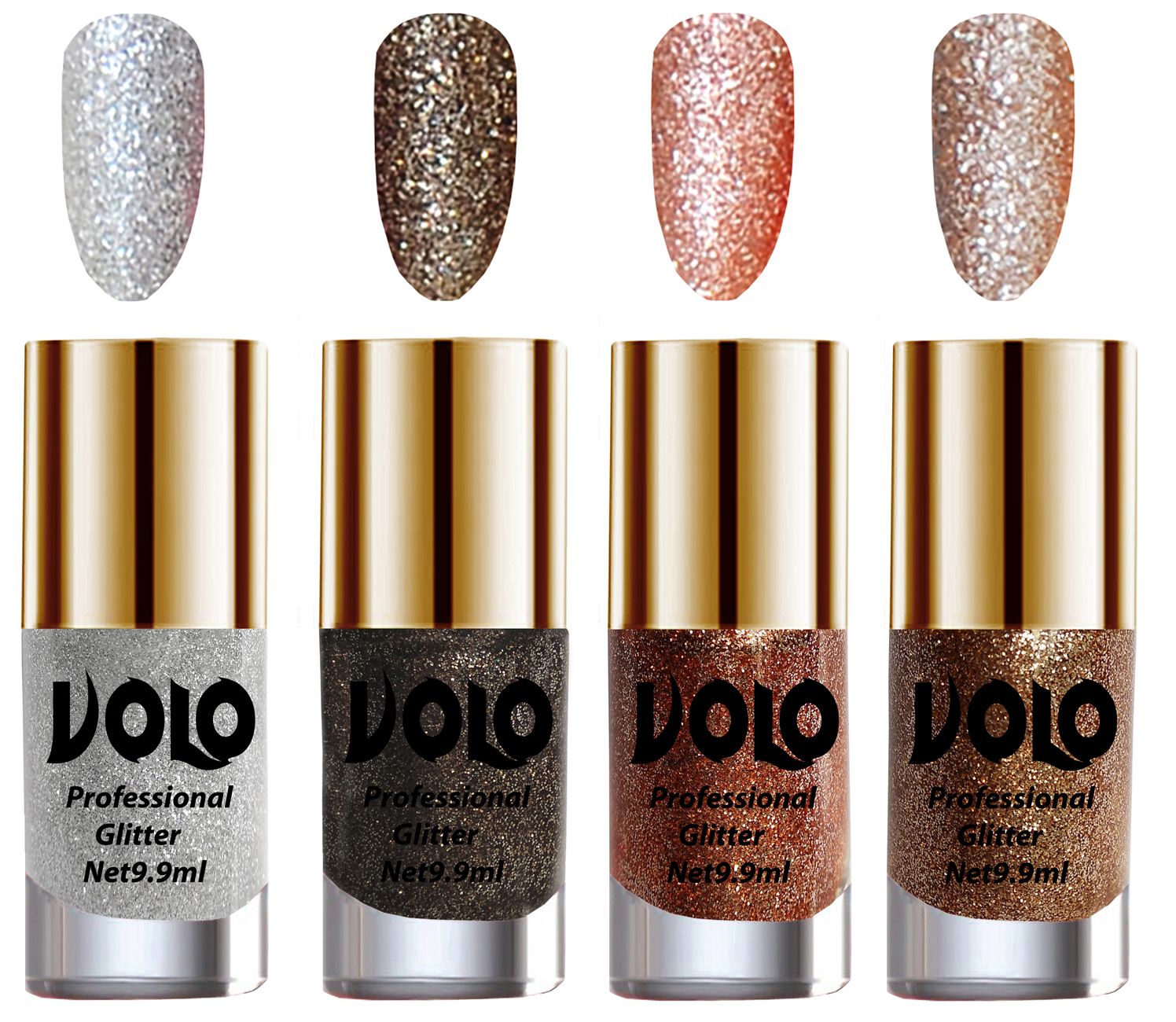     			VOLO Professionally Used Glitter Shine Nail Polish Silver,Grey,Peach Gold Pack of 4 39 mL