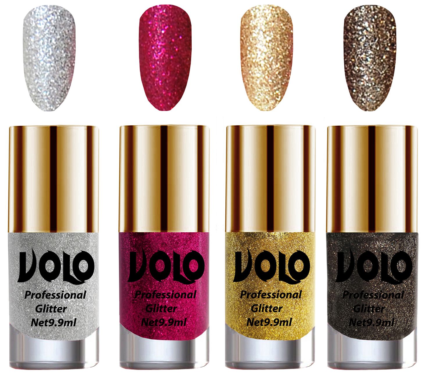     			VOLO Professionally Used Glitter Shine Nail Polish Silver,Magenta,Gold Grey Pack of 4 39 mL