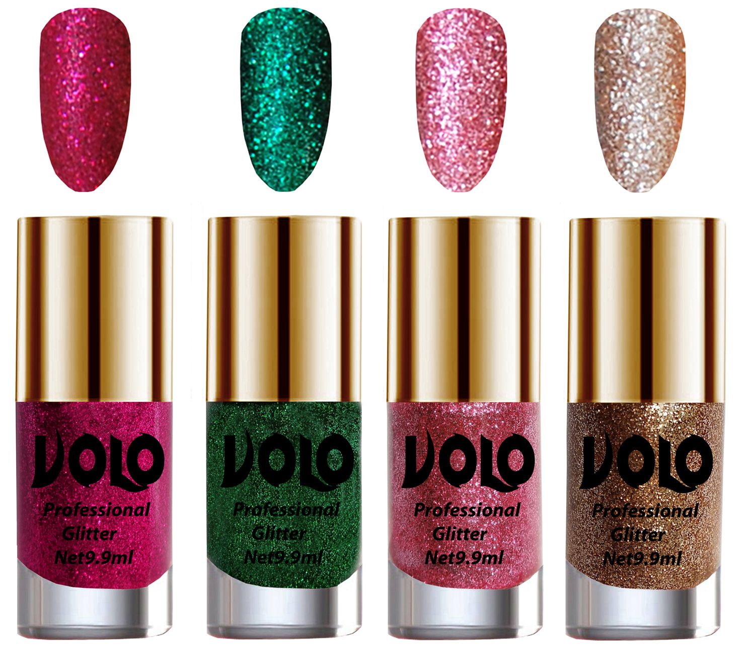     			VOLO Professionally Used Glitter Shine Nail Polish Magenta,Green,Pink Gold Pack of 4 39 mL