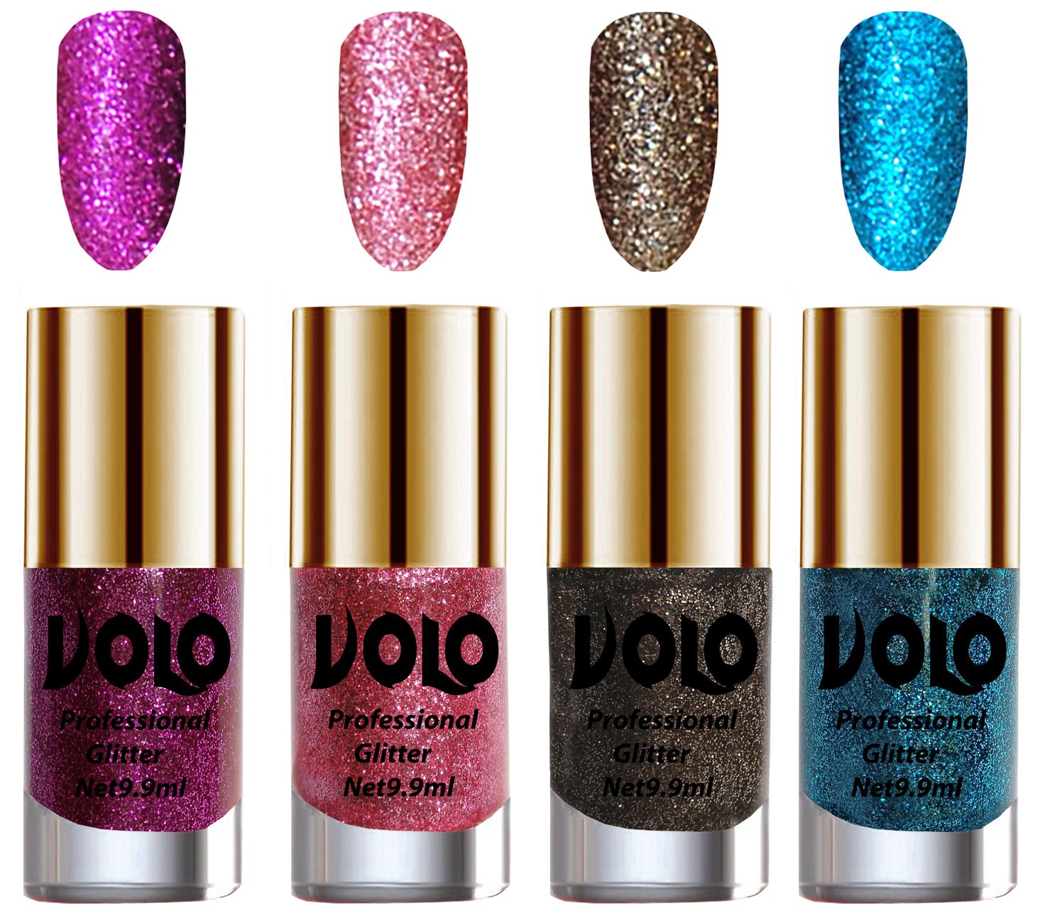     			VOLO Professionally Used Glitter Shine Nail Polish Purple,Pink,Grey Blue Pack of 4 39 mL