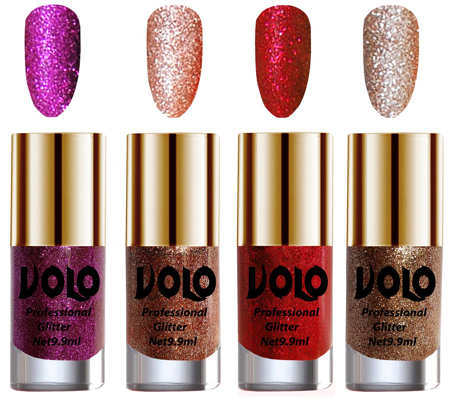     			VOLO Professionally Used Glitter Shine Nail Polish Purple,Peach,Red Gold Pack of 4 39 mL