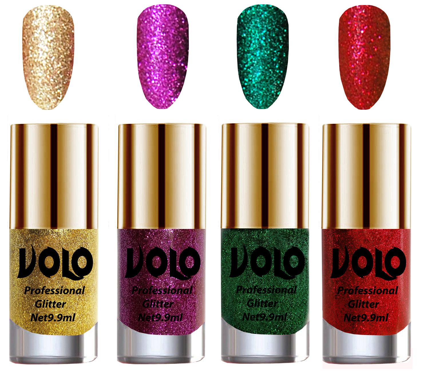     			VOLO Professionally Used Glitter Shine Nail Polish Gold,Purple,Green Red Pack of 4 39 mL