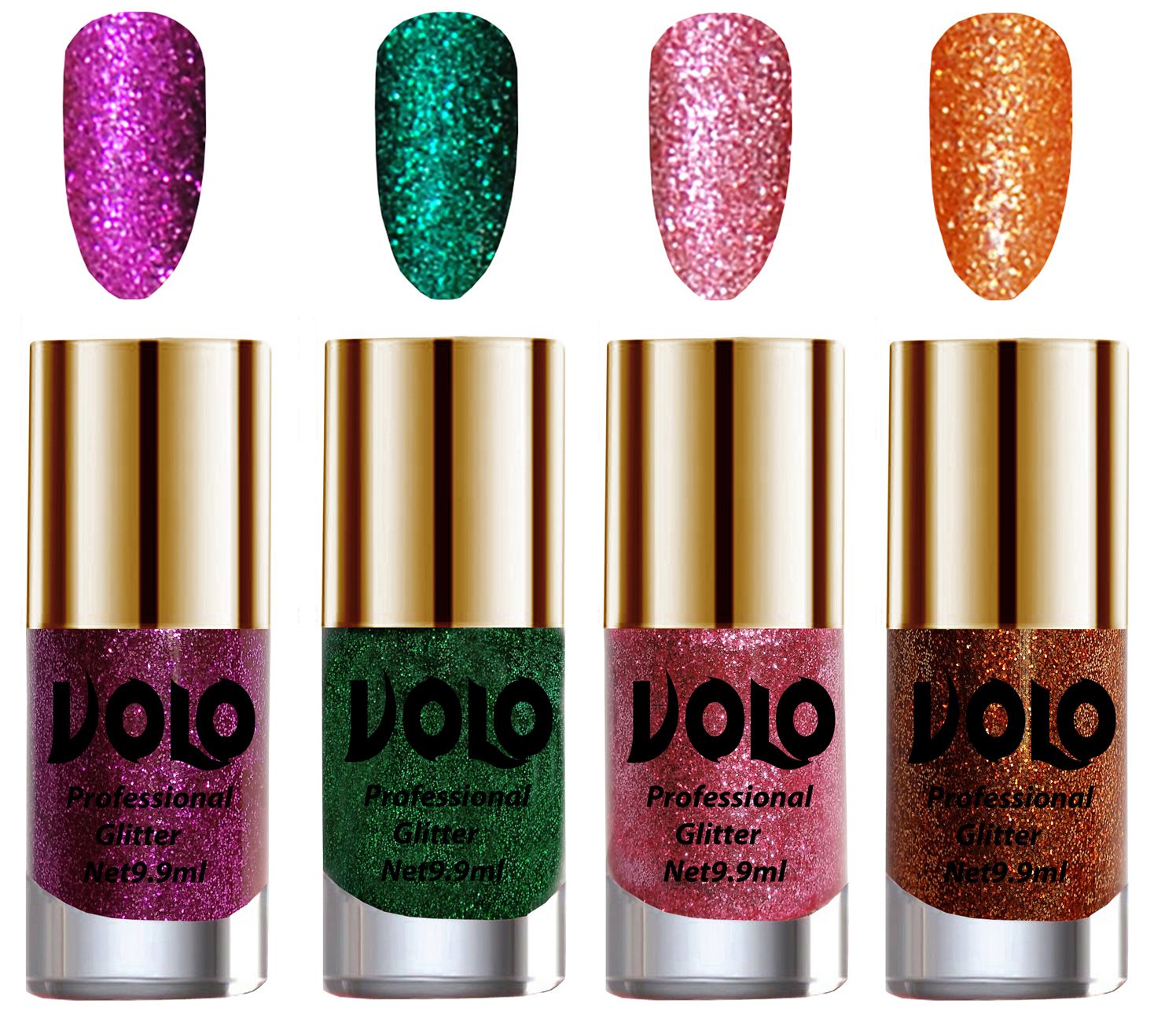     			VOLO Professionally Used Glitter Shine Nail Polish Purple,Green,Pink Orange Pack of 4 39 mL