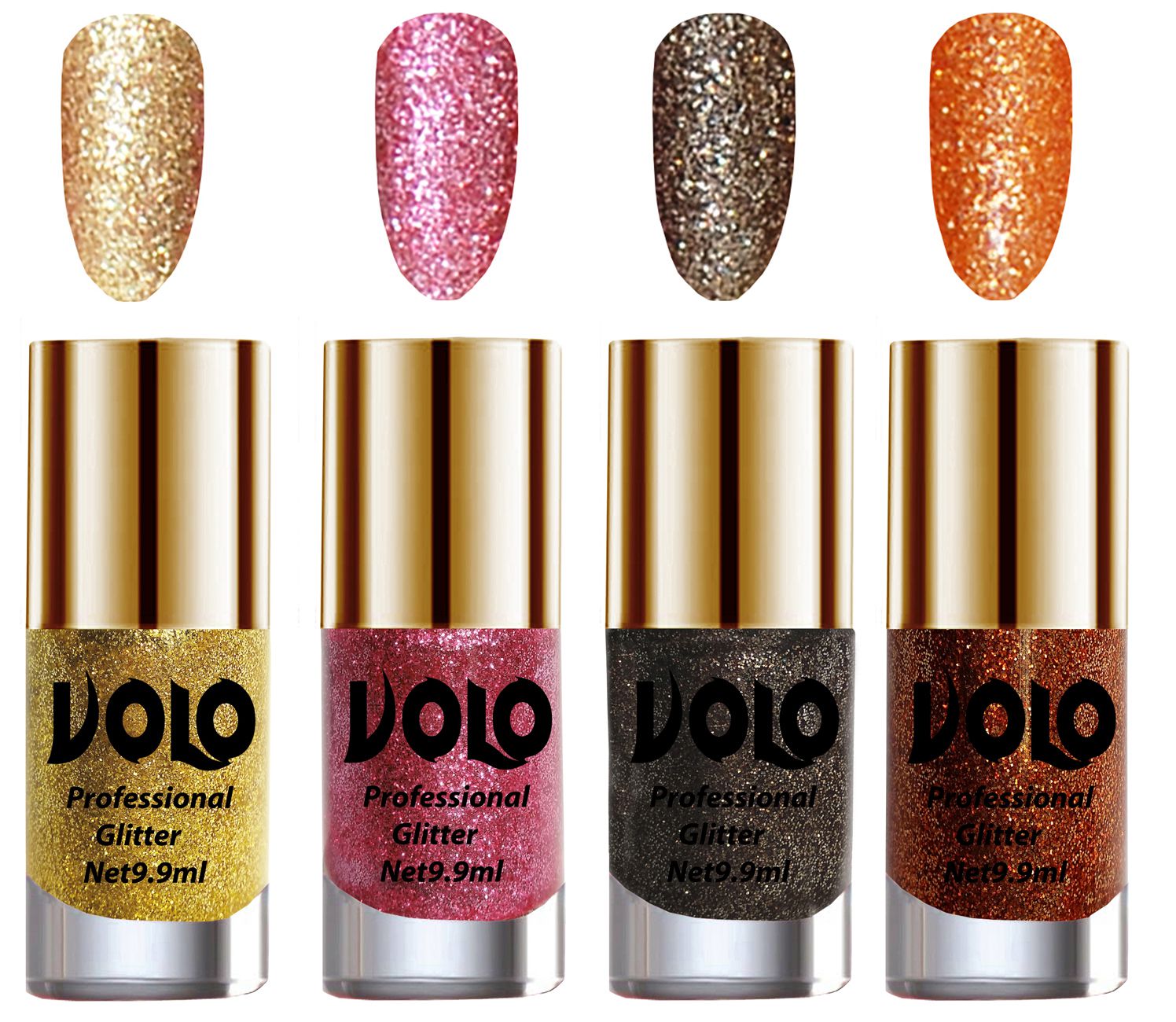     			VOLO Professionally Used Glitter Shine Nail Polish Gold,Pink,Grey Orange Pack of 4 39 mL