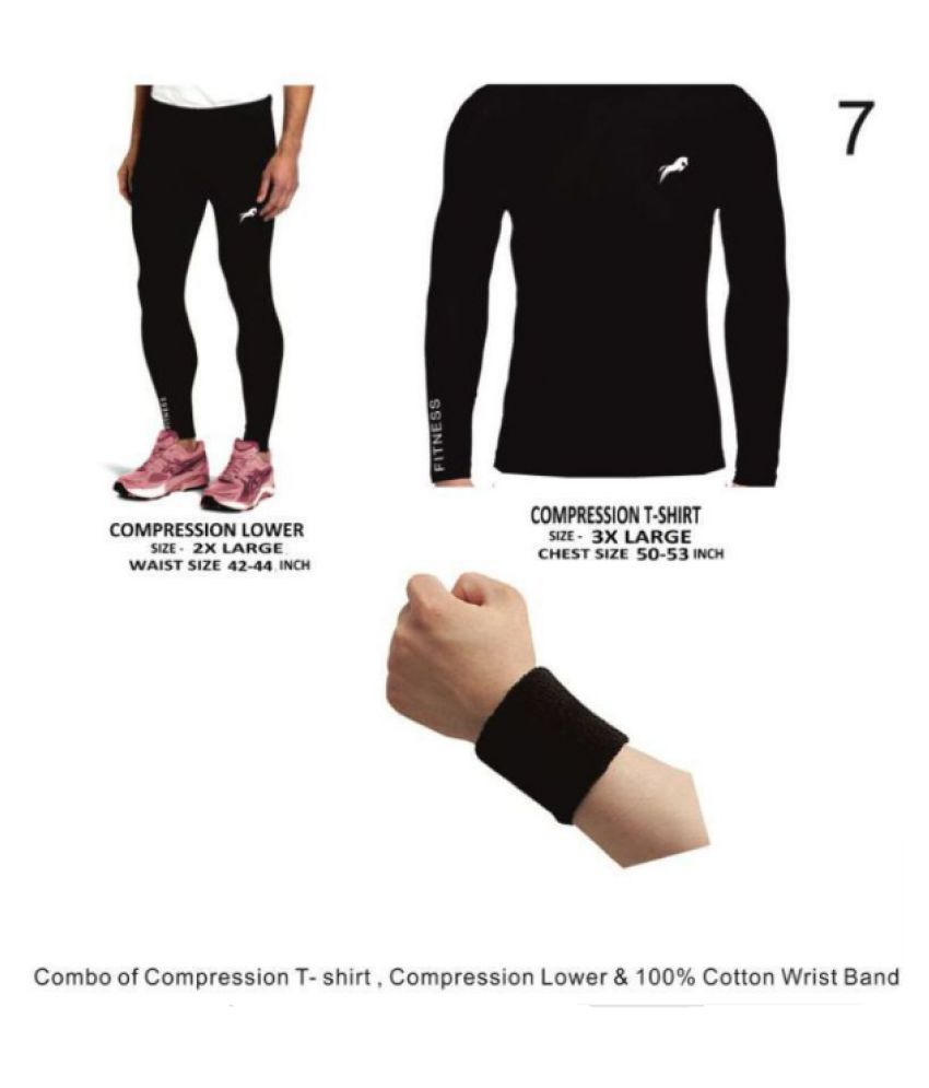     			Just Rider Full Length Compression Lower With Full Sleeve T-shirt 100% COTTON Wrist band  Free Multi Sports Exercise/Gym/Running/Yoga/Other Outdoor inner wear for Sports - Skin Tight Fitting - Black Color 3 pcs combo