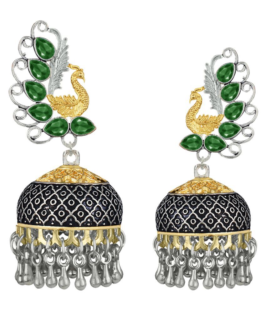 Spargz Antique Peacock Festive Wear Two Tone Plated Green Ruby Jhumki Earring For Women