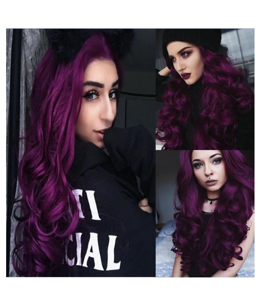 Fashion Women Long Purple Hair Full Wig Natural Curly Wavy