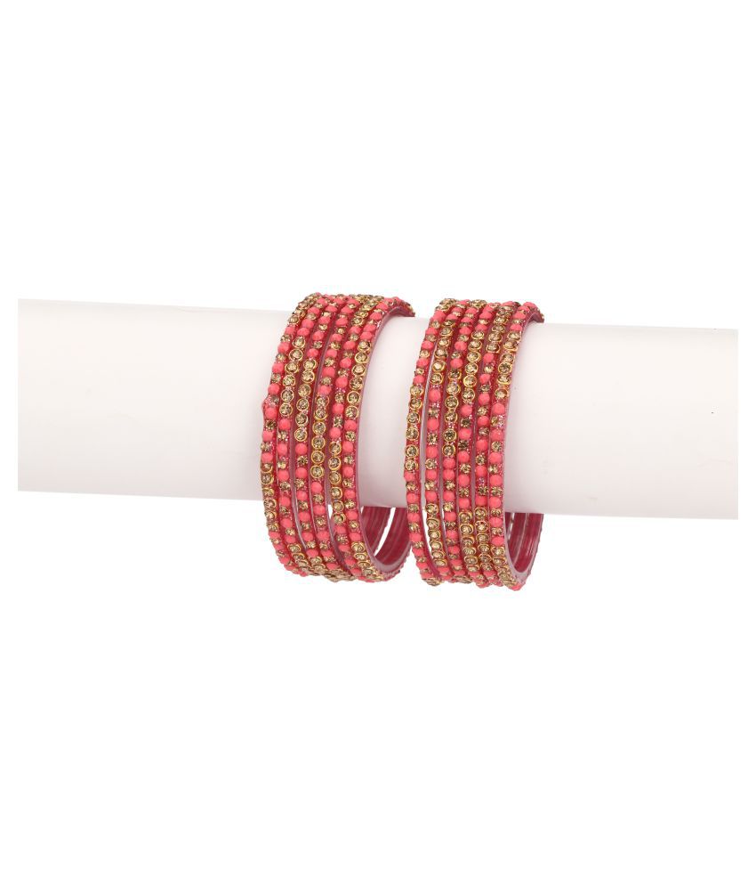     			Party Glass Bangle Set Ornamented With Beads For Spaical Look (Pack Of 12 Pink Shining & Attractive