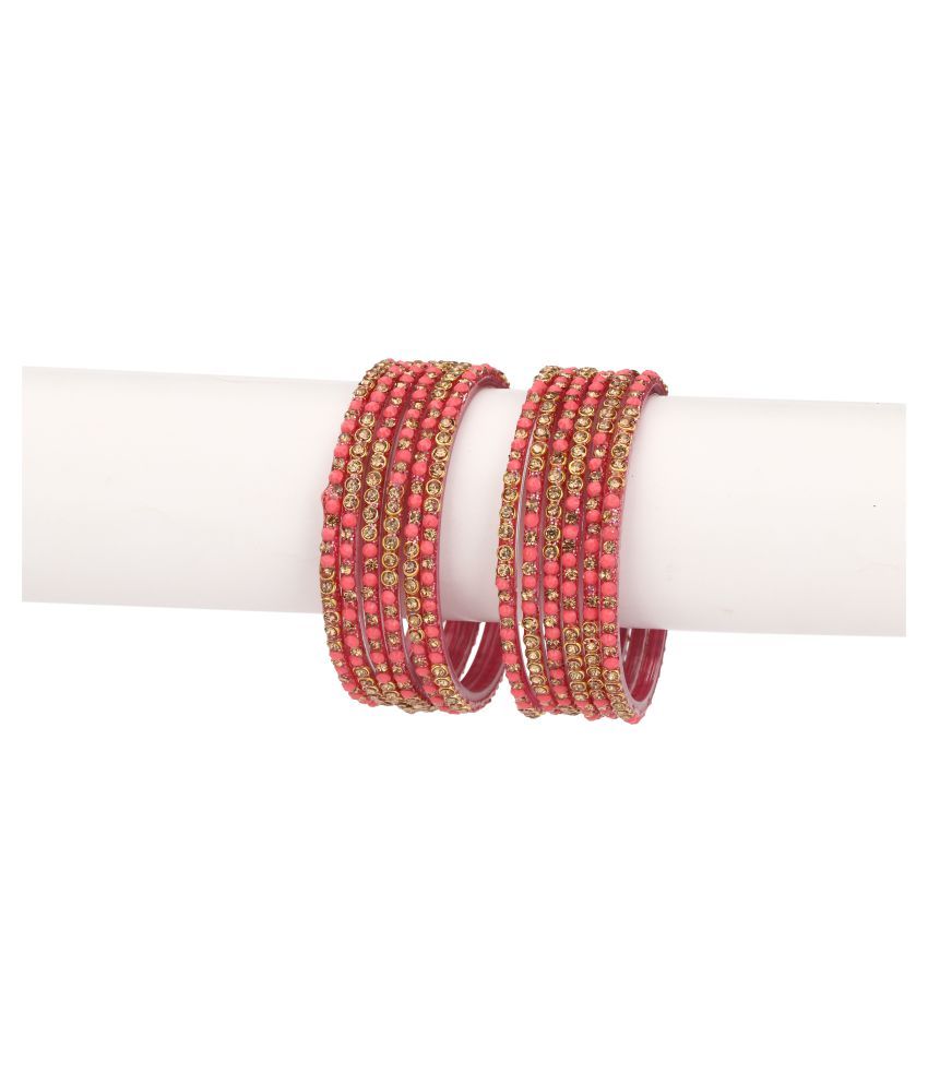     			Party Glass Bangle Set Ornamented With Beads For Spaical Look (Pack Of 12 Pink Shining & Attractive