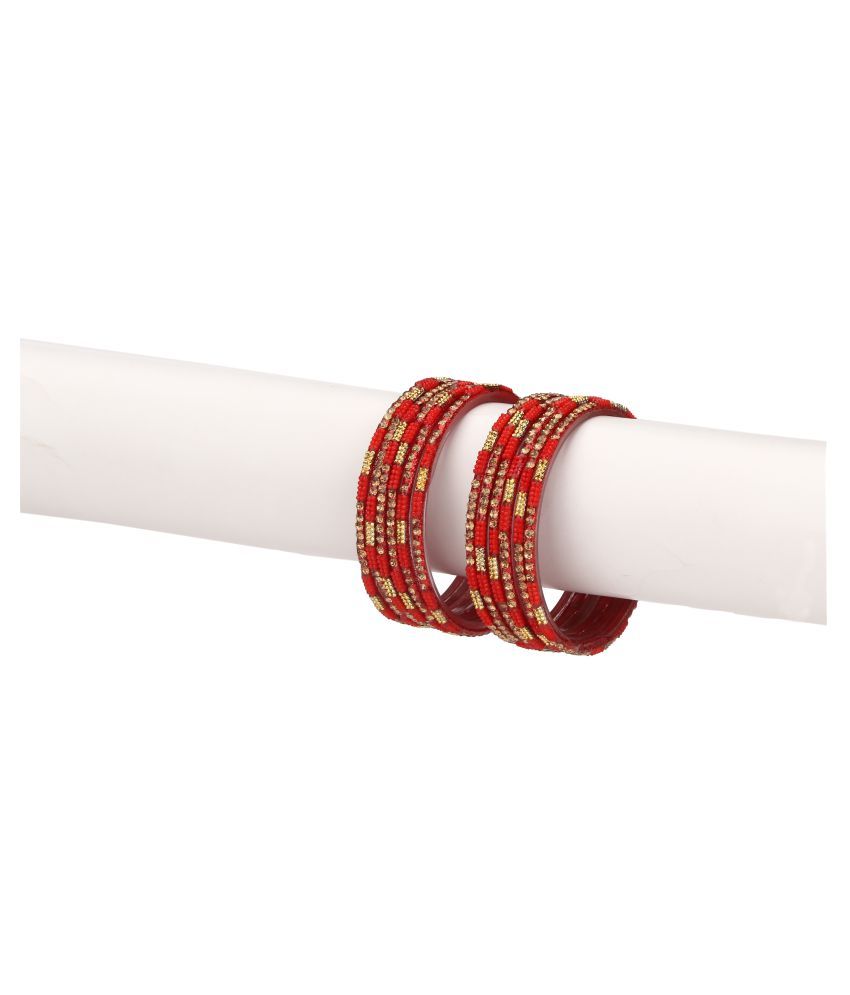     			Party Glass Bangle Set Ornamented With Beads For Spaical Look (Pack Of 12 Red Shining & Attractive